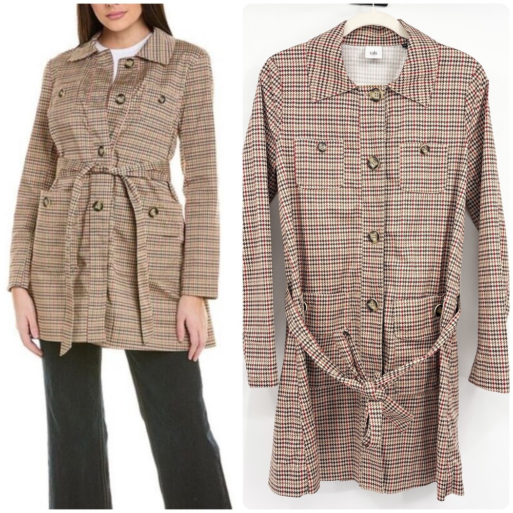 Cabi Womens Sherlock Houndstooth Plaid Belted Academia Trench Jacket Size S‎